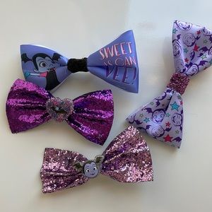 [ Disney Vamperina Handcrafted Glittery Purple Ribbon Hair Bows ] Set of 4
